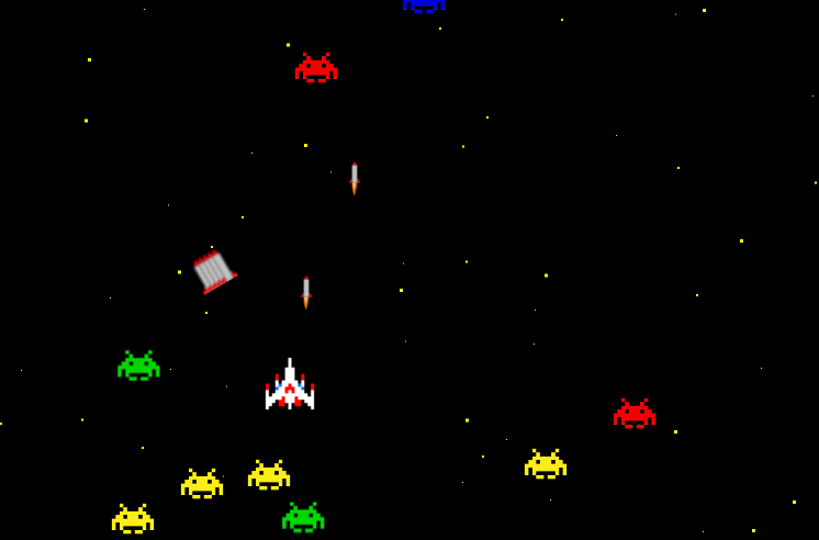 Early JavaScript game experiments showing a space shooter
